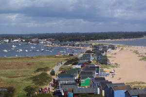 A view of the chalets on the sandbar at Mudeford