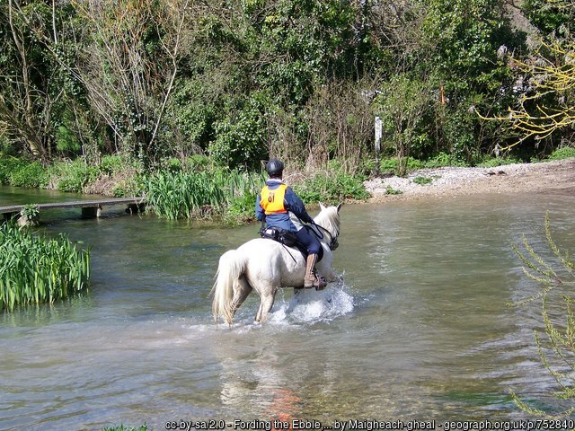 Fording the River Ebble on horseback